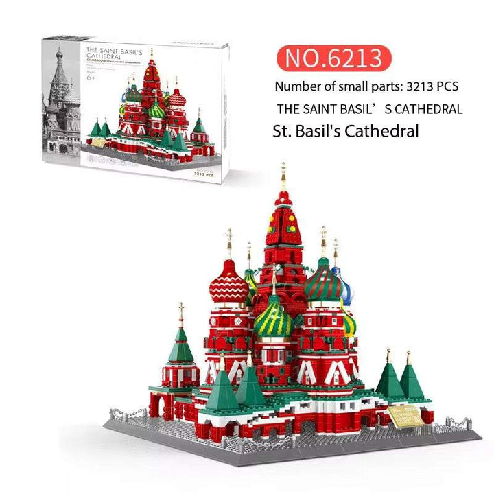 Brick model of St. Basils Cathedral showcasing iconic architecture and design.