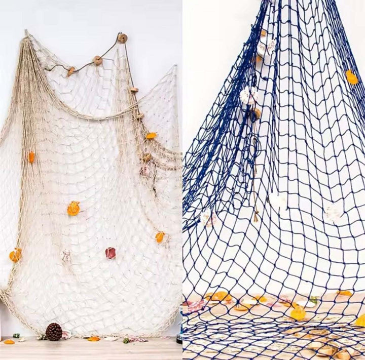 Decorative nautical fishing net wall décor for coastal and beach house styling
