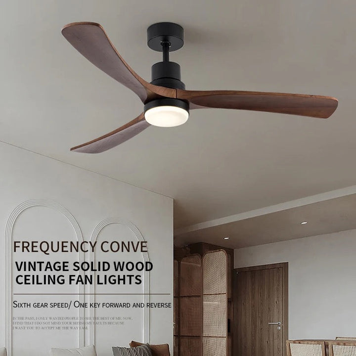 Vintage Ceiling Fan with Solid Wood Blades and LED Light