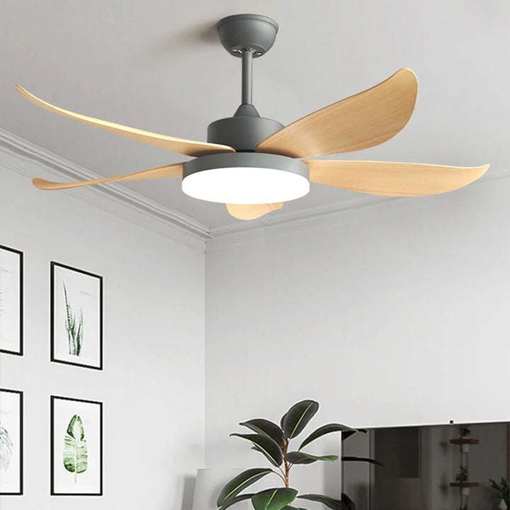 Contemporary 5-Blade Ceiling Fan with LED Light – Matte Black & Curved Wood Blades
