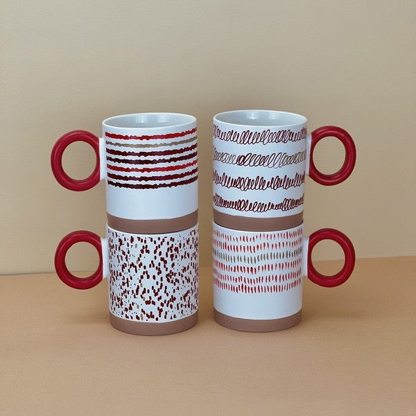 Red Pattern Tall Mug Set of 4