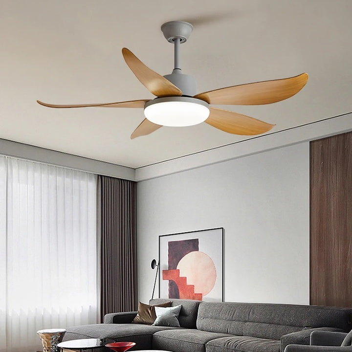 Contemporary 5-Blade Ceiling Fan with LED Light – Matte Black & Curved Wood Blades