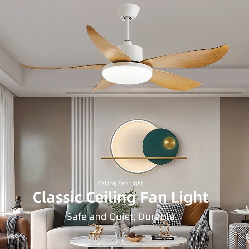 Contemporary Ceiling Fan with Wooden Blades and White Finish