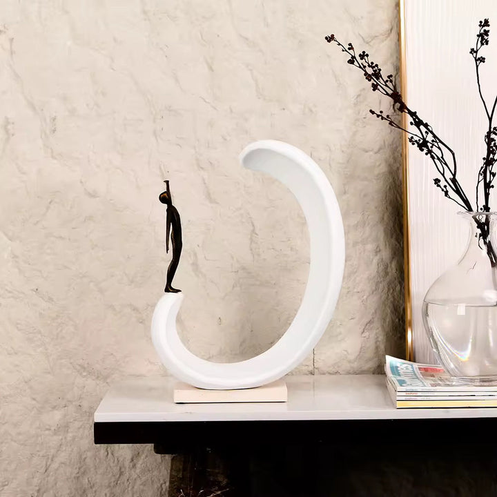 Modern Crescent Sculpture with Figurine