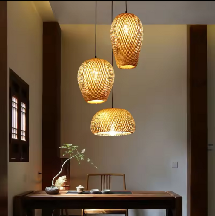 Rustic Pendant Lights with Woven Natural Shades