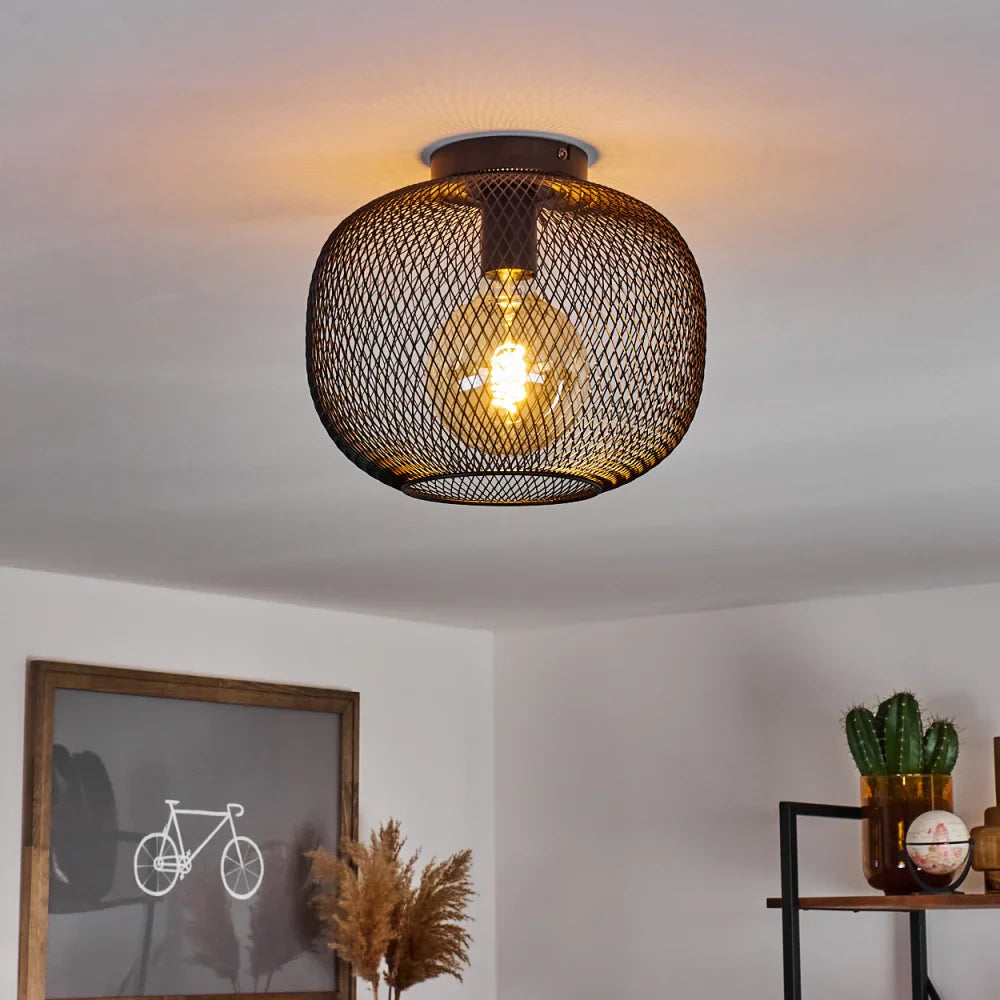 Industrial Ceiling Light with Black Wire Mesh Design