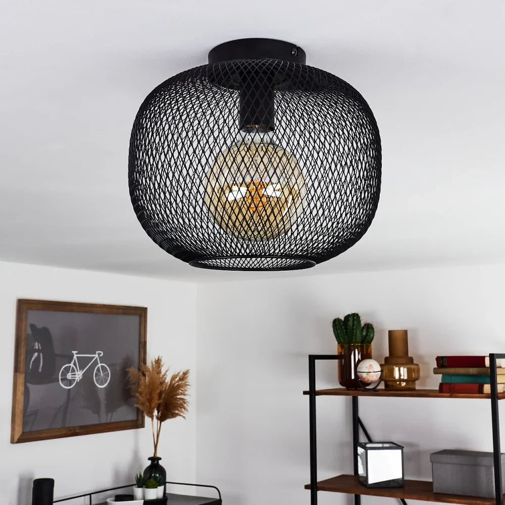 Industrial Ceiling Light with Black Wire Mesh Design