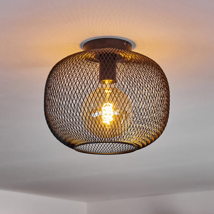 Industrial Ceiling Light with Black Wire Mesh Design