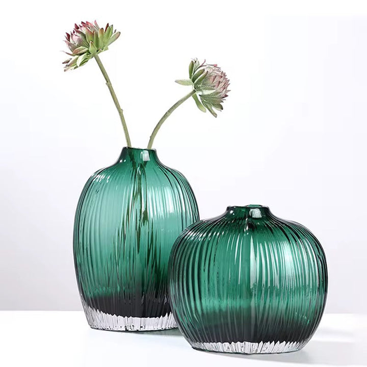 Emerald Ribbed Glass Vase Set