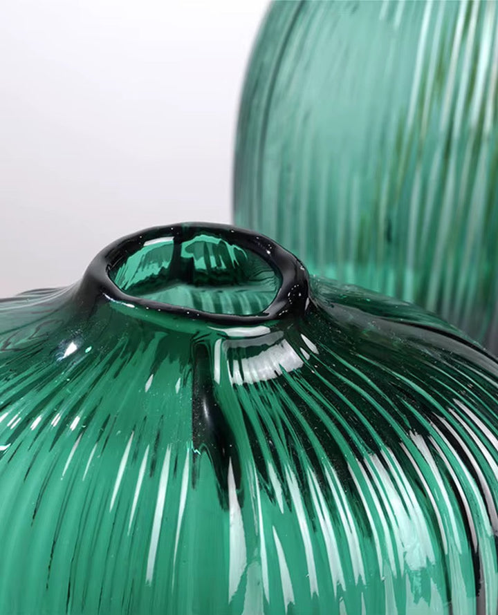 Emerald Ribbed Glass Vase Set