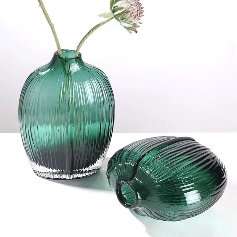 Emerald Ribbed Glass Vase Set