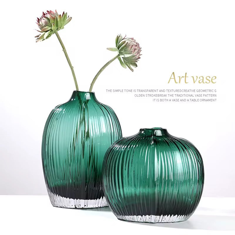Emerald Ribbed Glass Vase Set