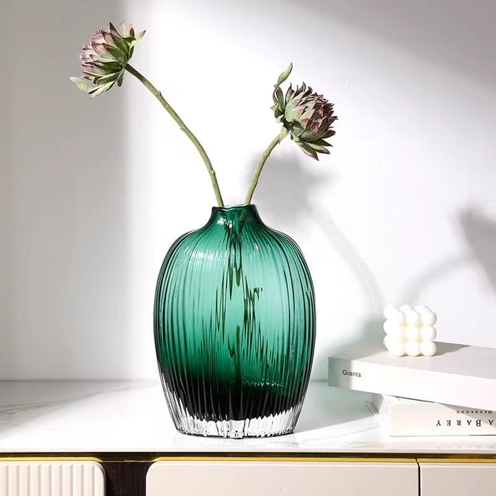 Emerald Ribbed Glass Vase Set