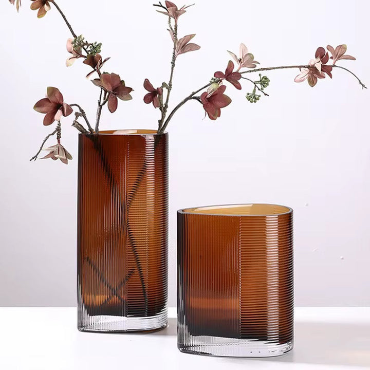 Amber Ribbed Glass Vase Set