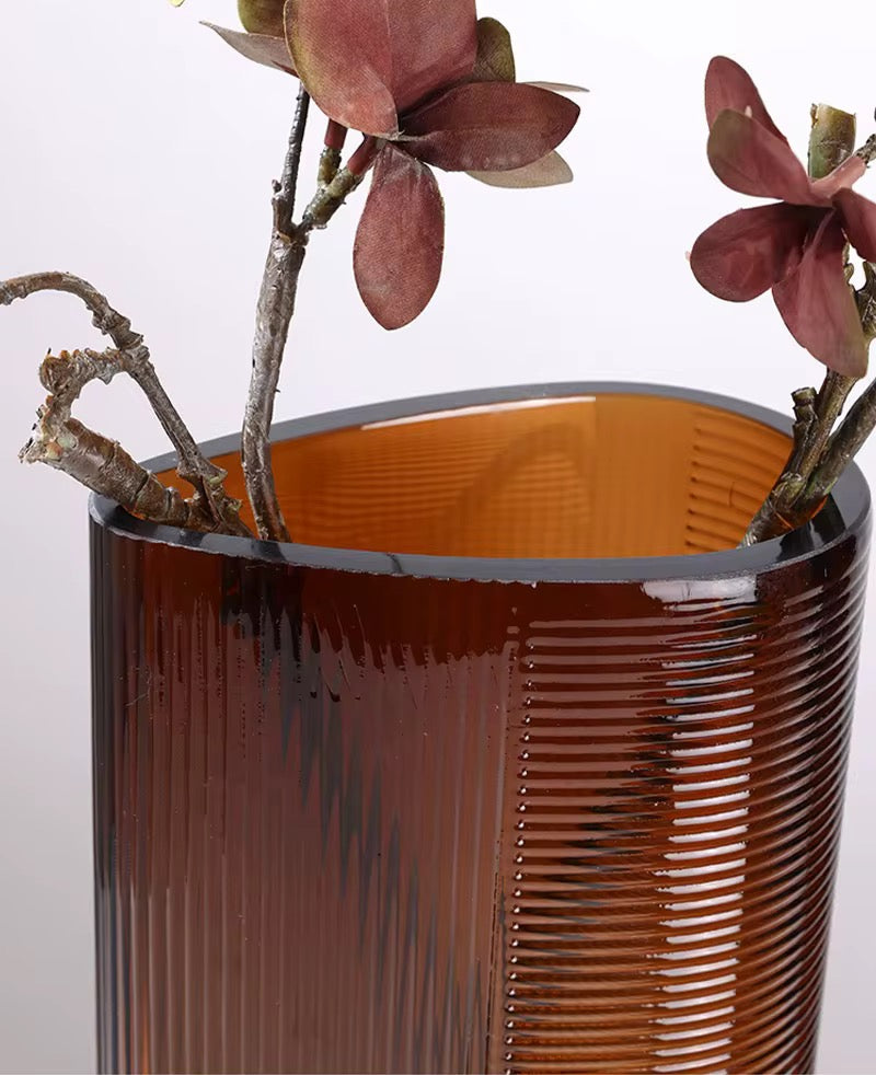 Amber Ribbed Glass Vase Set