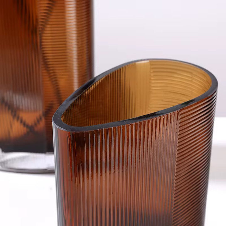 Amber Ribbed Glass Vase Set