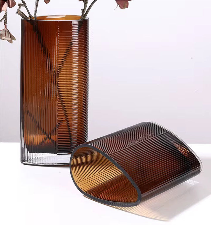Amber Ribbed Glass Vase Set