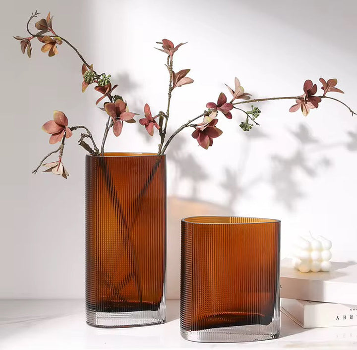 Amber Ribbed Glass Vase Set