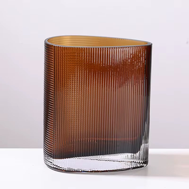 Amber Ribbed Glass Vase Set