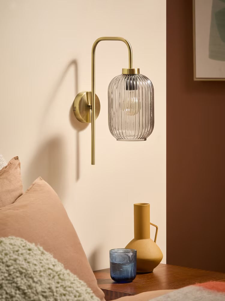 Modern Ribbed Glass Wall Light with Brass Finish