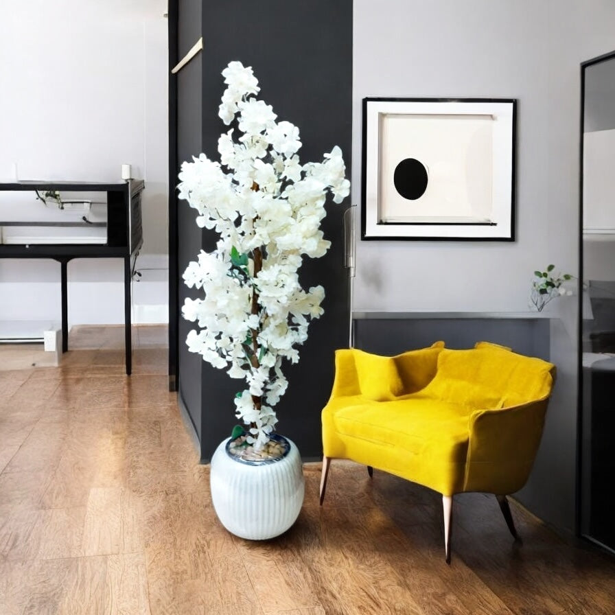 Tall Artificial White Cherry Blossom Tree in Ribbed ot