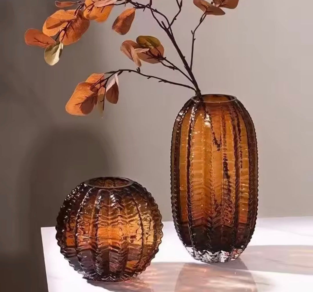 Ribbed Amber Green Grey Vase Set of 2