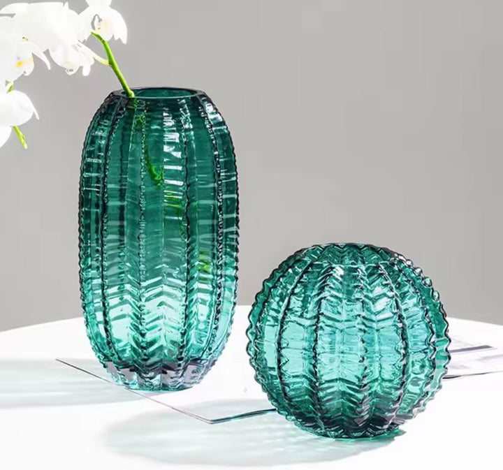 Ribbed Amber Green Grey Vase Set of 2