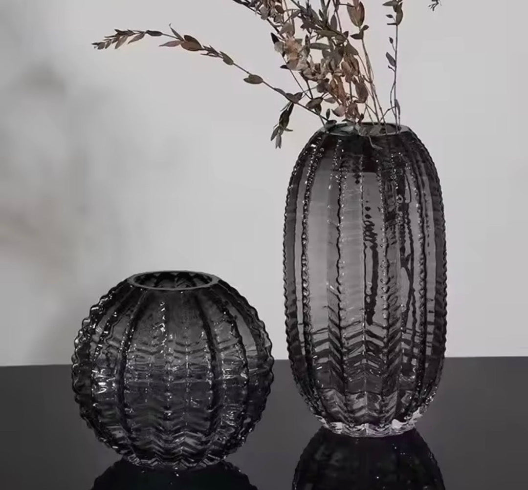 Ribbed Amber Green Grey Vase Set of 2