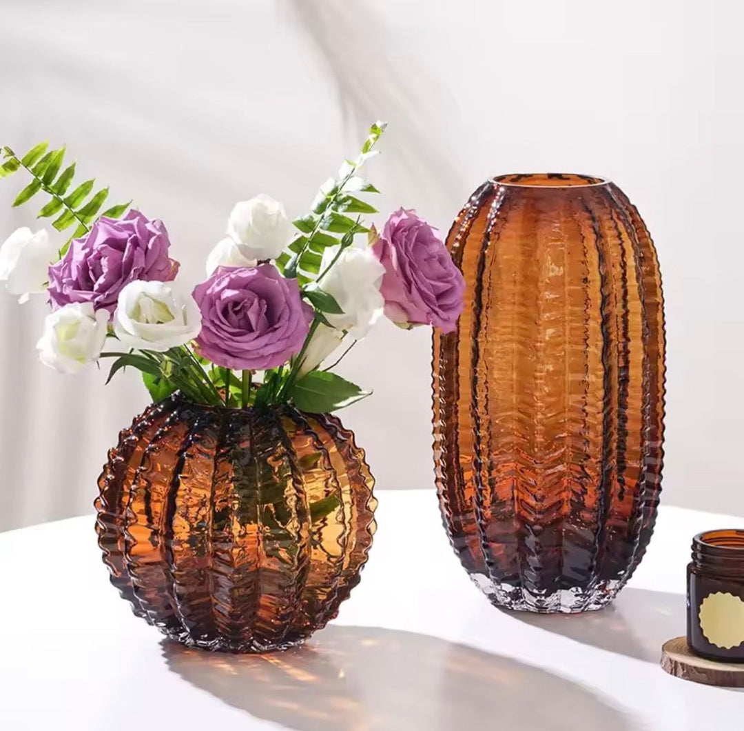 Ribbed Amber Green Grey Vase Set of 2