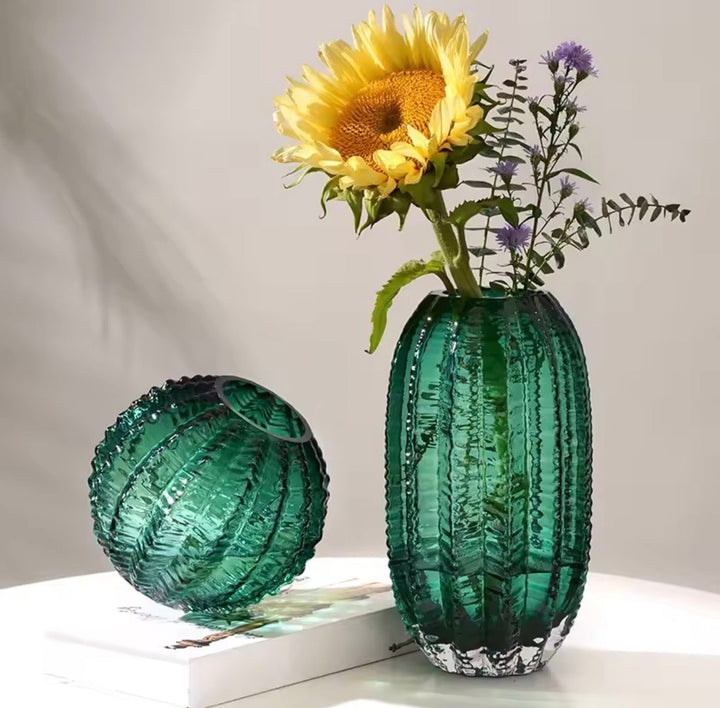 Ribbed Amber Green Grey Vase Set of 2