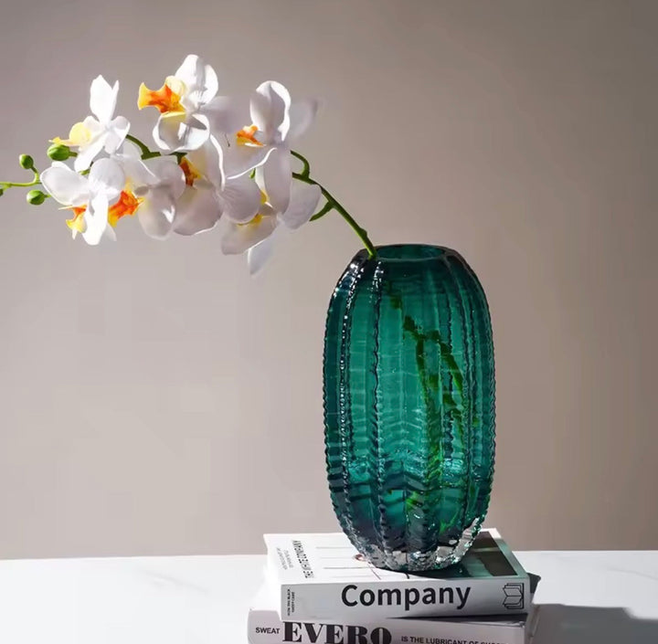 Ribbed Amber Green Grey Vase Set of 2