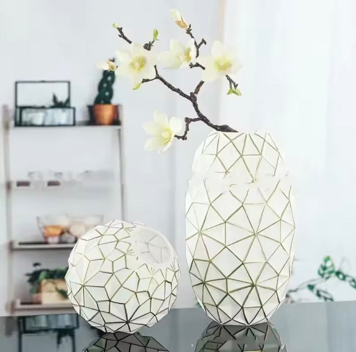 Geometric White Glass Vase Set of 2