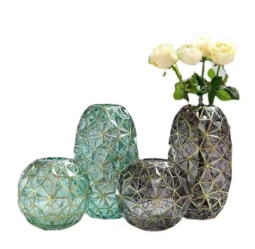 Geometric Glass Vase Set â€“ Teal & Gold