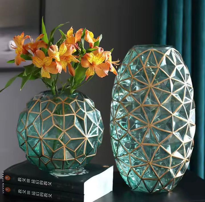 Geometric Glass Vase Set â€“ Teal & Gold