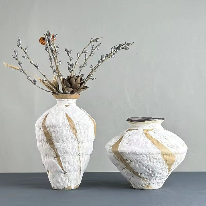 White & Gold Textured Artistic Vase Set of 2