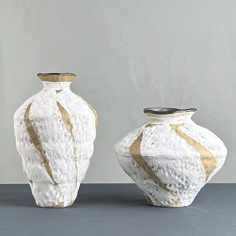 White & Gold Textured Artistic Vase Set of 2