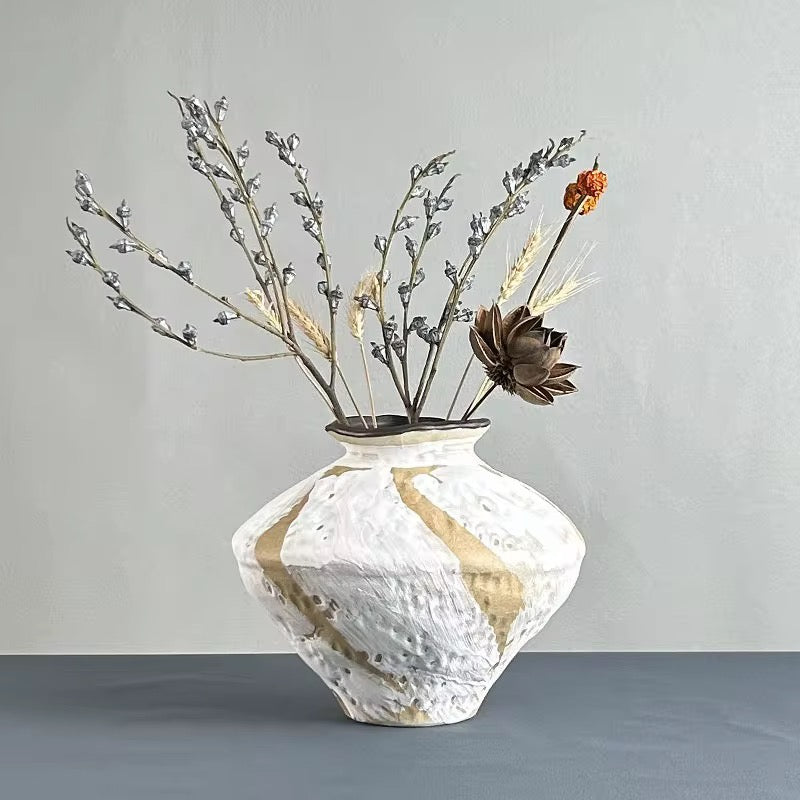 White & Gold Textured Artistic Vase Set of 2