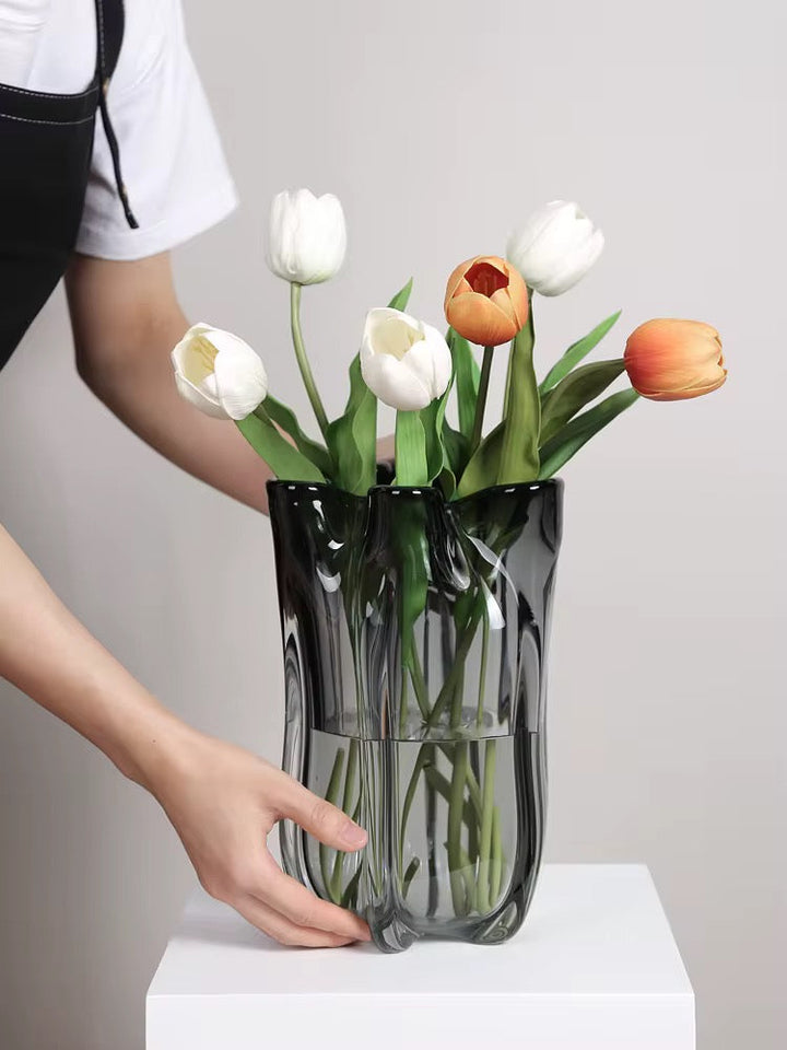 Smoked Glass Sculptural Flower Vase