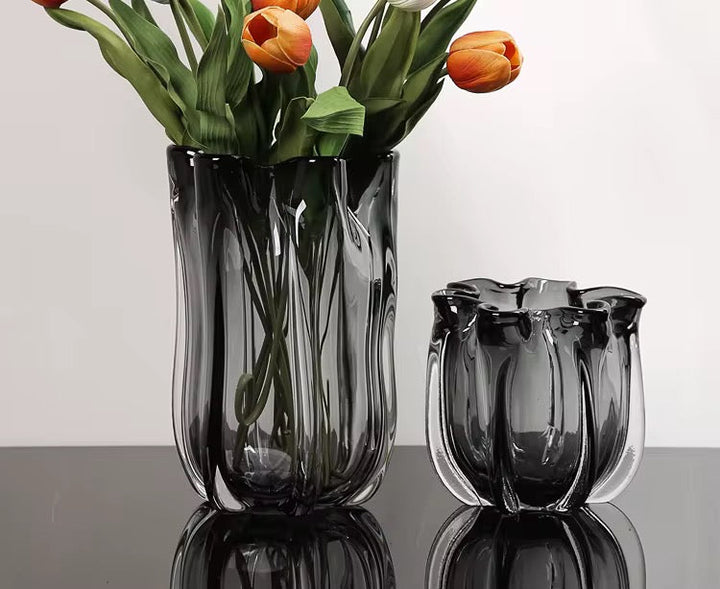 Smoked Glass Sculptural Flower Vase