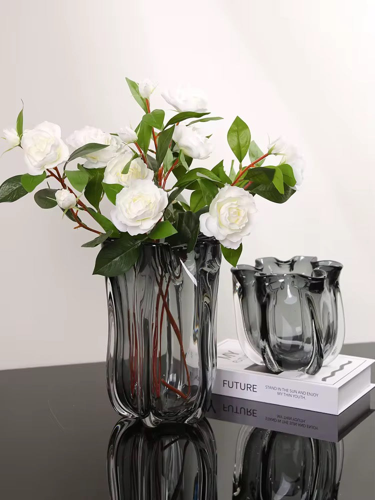 Smoked Glass Sculptural Flower Vase