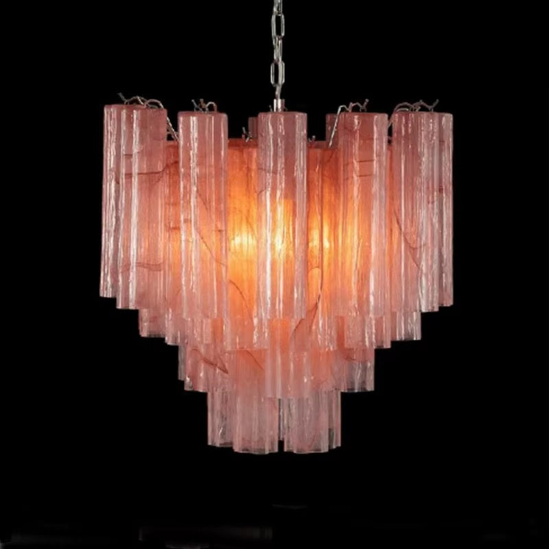 Pink Glass Cascade Chandelier with Sculptural Ceiling Design