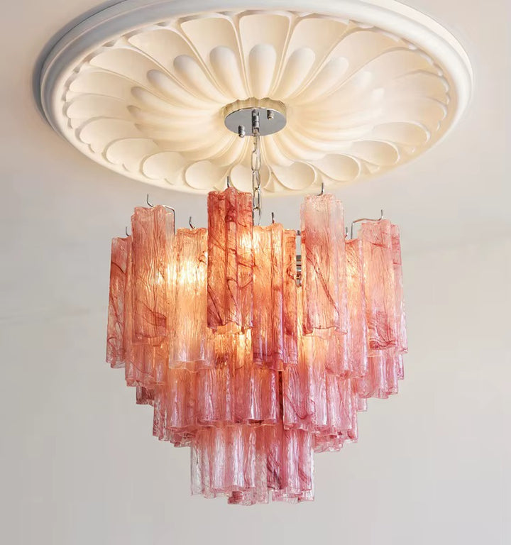 Modern pink glass cascade chandelier with layered translucent hanging panels and sculptural ceiling mount