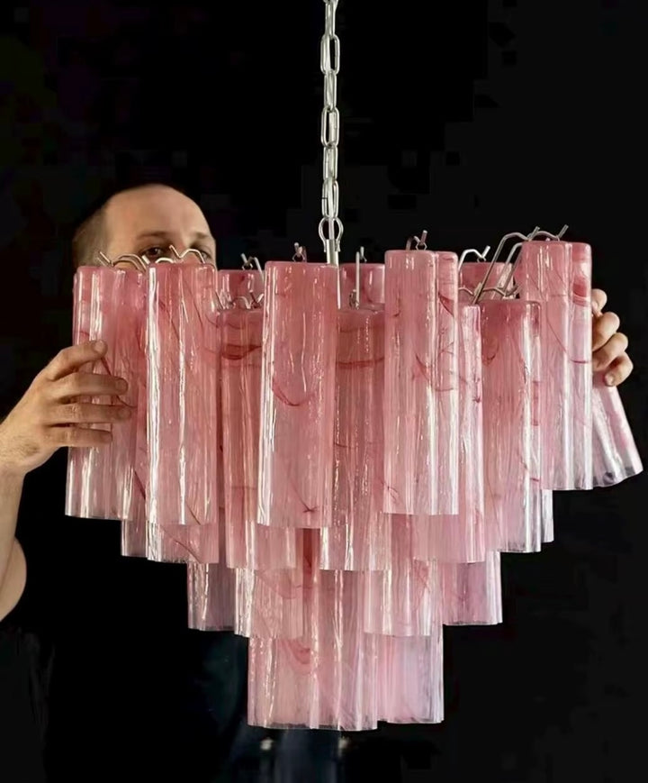 Pink Glass Cascade Chandelier with Sculptural Ceiling Design
