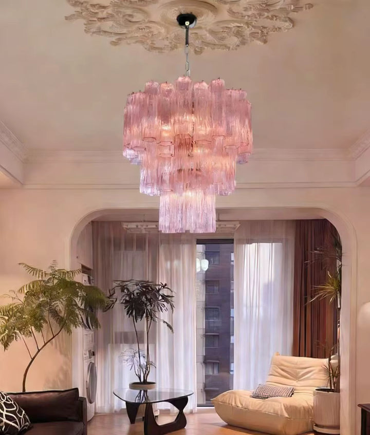 Pink Ribbed Glass Tube Chandelier