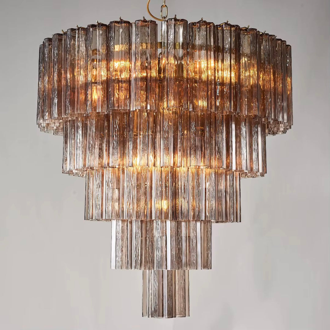 Luxury tiered smoked glass chandelier with cascading vertical glass rods and warm illumination