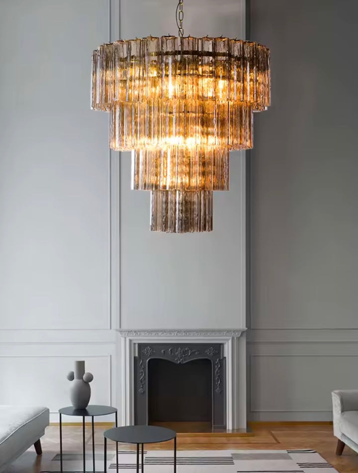 Modern Amber Glass Tiered Chandelier