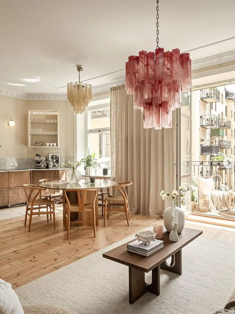 Blush Pink Murano Glass Tiered Chandelier