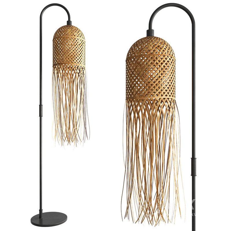 Rustic Floor Lamp with Woven Rattan Shade and Fringe Design