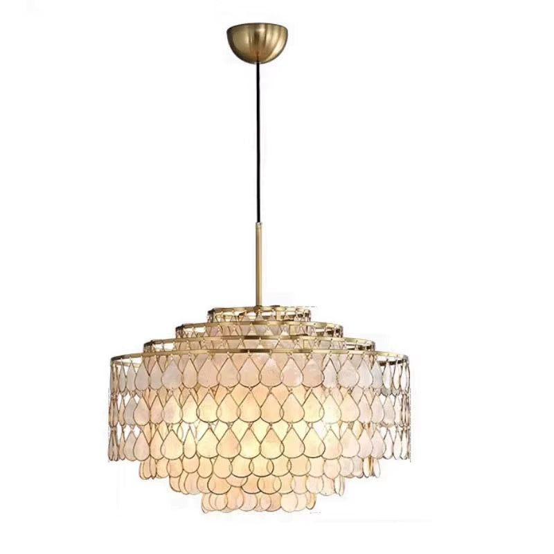Gold-tone tiered drum chandelier with cascading teardrop-shaped translucent beads
