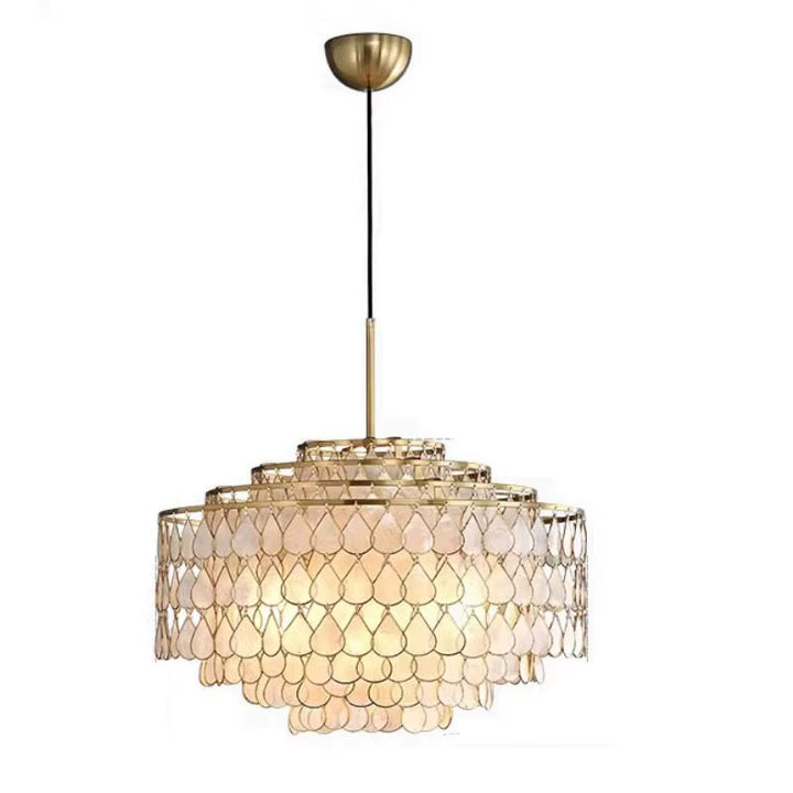 Gold-tone tiered drum chandelier with cascading teardrop-shaped translucent beads